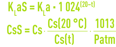 Formule : systèmes aération - capacité d'oxygénation - passage valeurs d'essai en eau claire aux valeurs en conditions standards